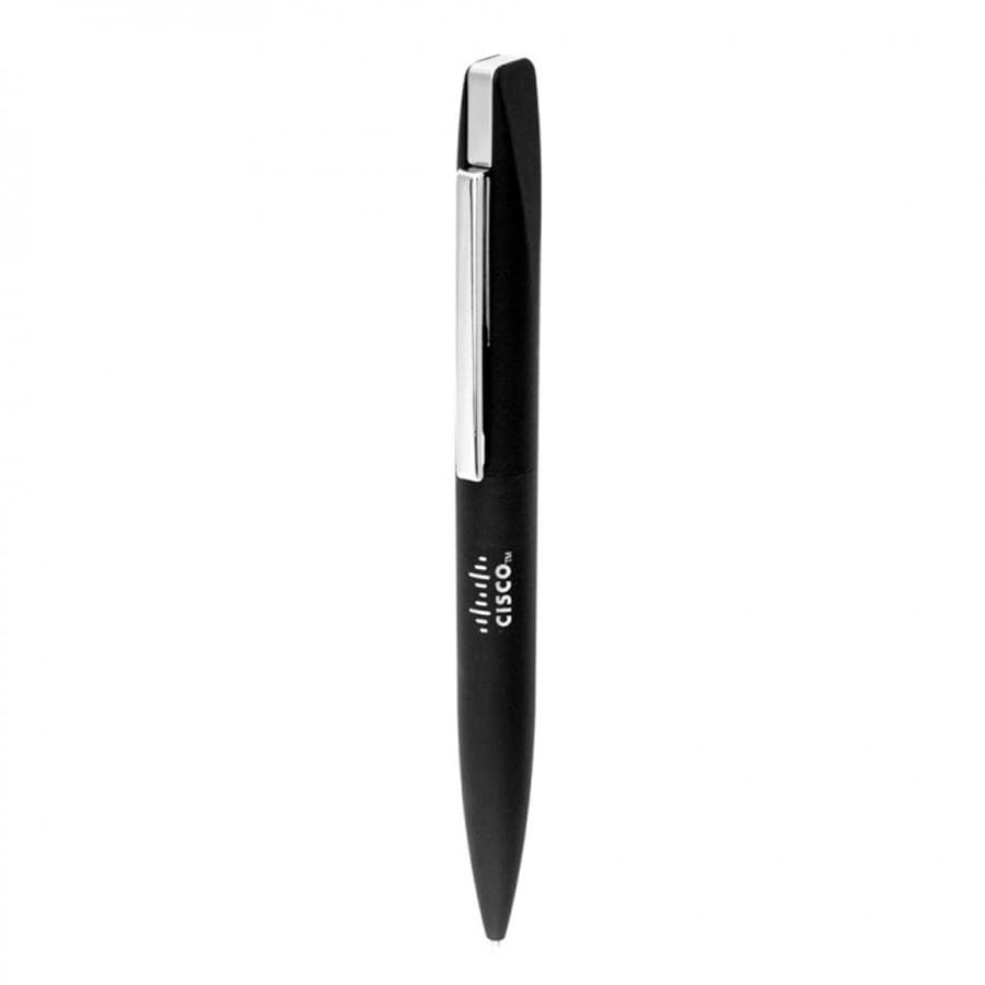 A slim, black metal ball pen with a shiny silver clip and logo on the barrel.