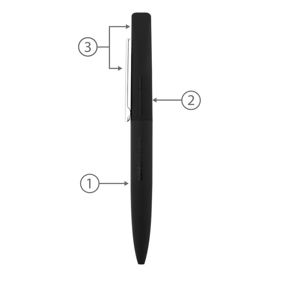 A sleek black metal twist ball pen with a silver clip and branding detail. Ideal for writing.
