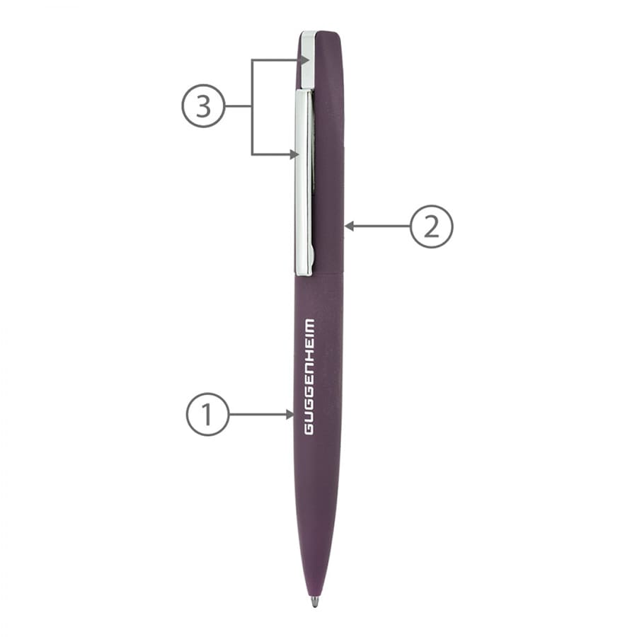 A slim, metallic ball pen in a deep purple colour with a silver clip and branding on the barrel.