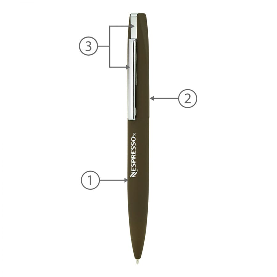 A slim, twist metal ball pen in dark green with a silver clip and branding.