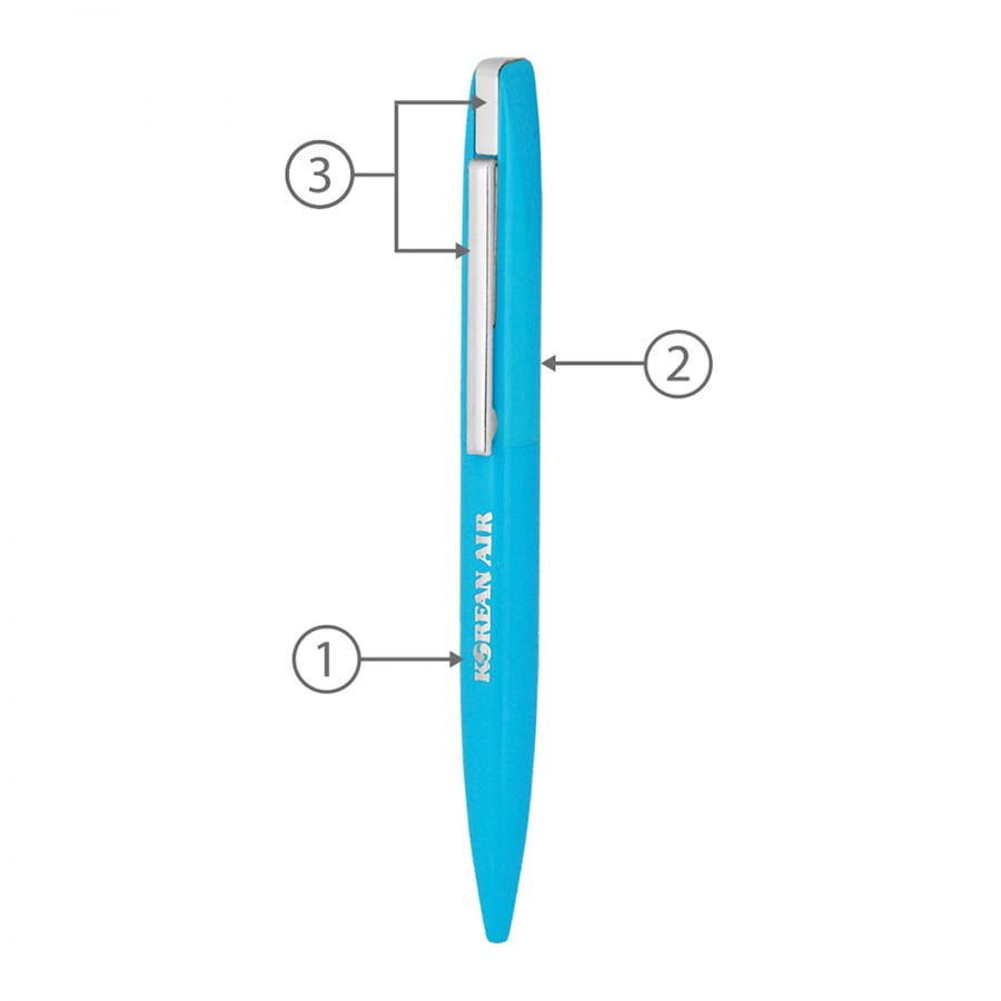 A slim blue metal ball pen with a clip and a branded logo.