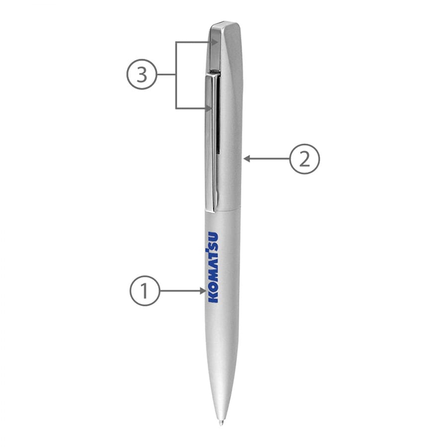 A sleek metal ballpoint pen in silver with a clip and logo. Features a smooth twist mechanism for writing.