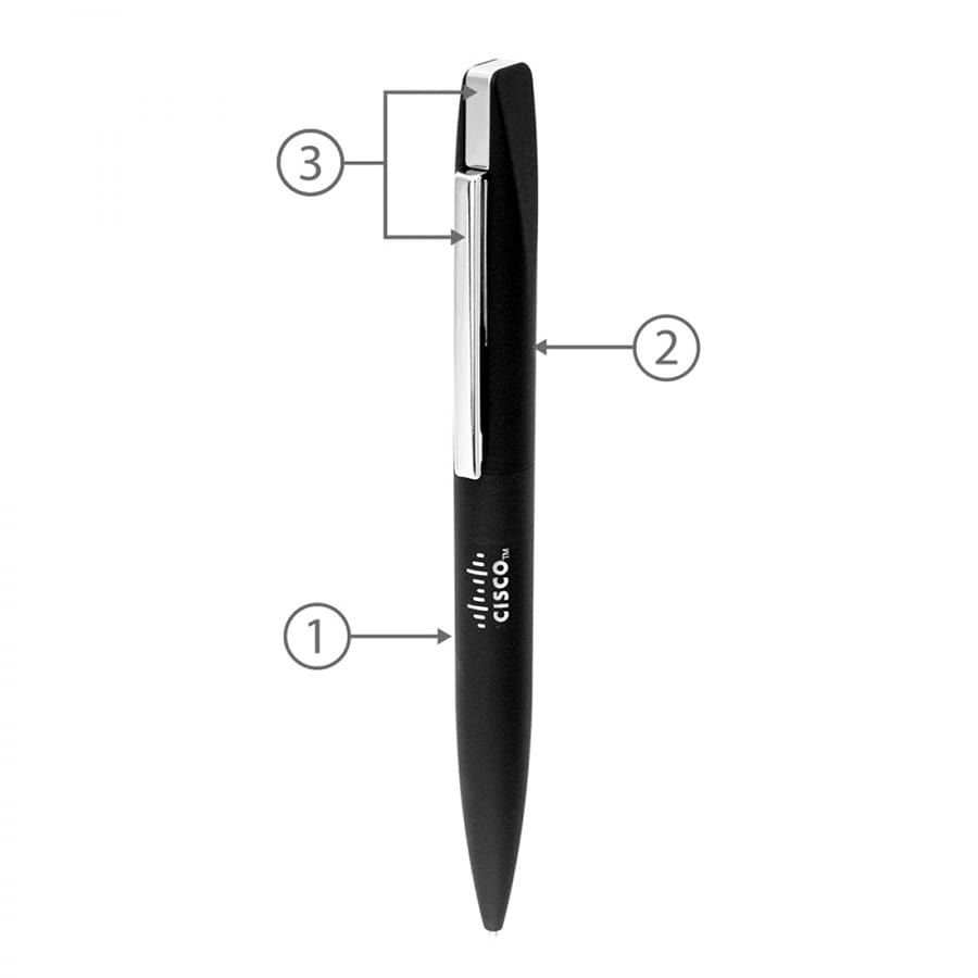 A sleek black metal ballpoint pen with a chrome clip and branding. It features a twist mechanism for opening and closing.