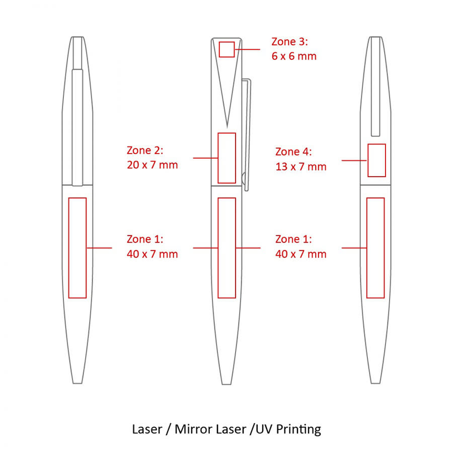 A diagram of the BND66 Slim Twist Metal Ball Pen, featuring sections for printing and branding, showcased in multiple views.