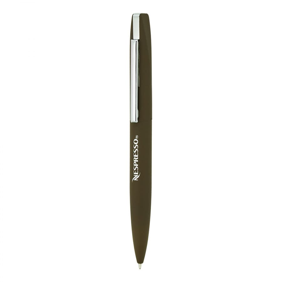 A slim, twist metal ball pen in dark green with a silver clip and a logo.