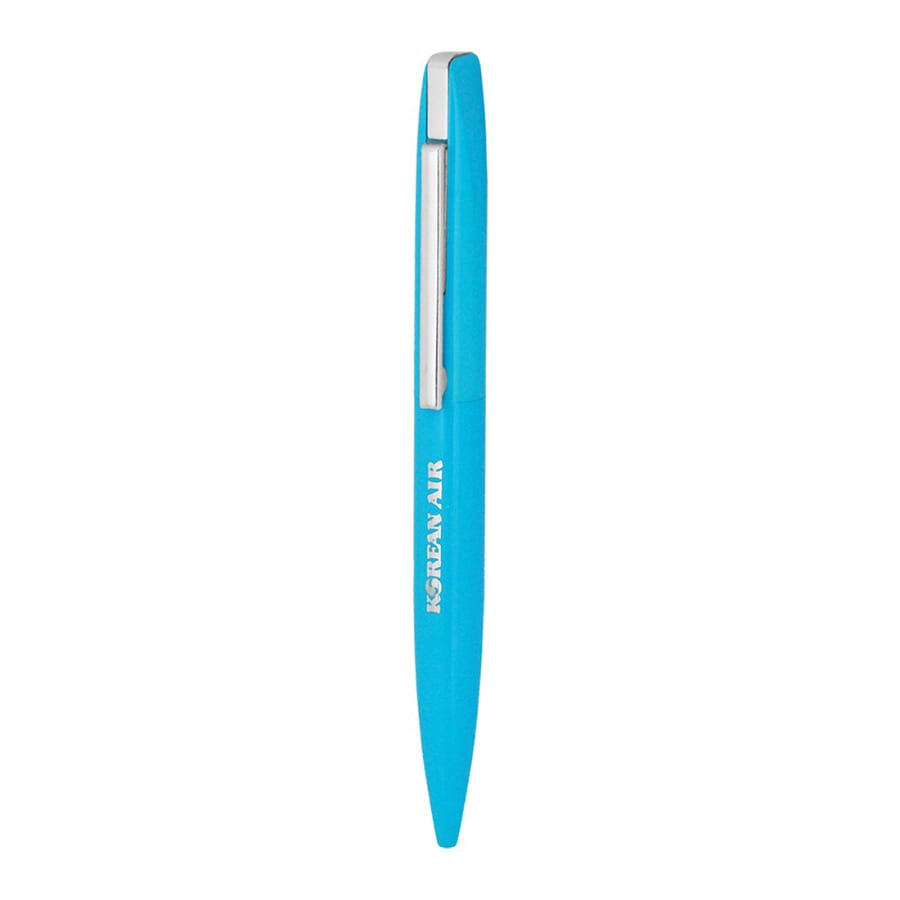 A slim, blue metal ballpoint pen with a silver clip and a logo on the side.