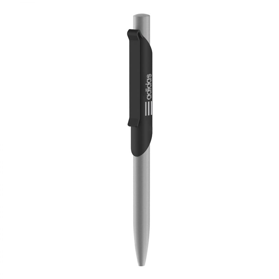 A metal ballpoint pen with a black plastic grip and clip, featuring a sleek silver barrel. It includes branding.