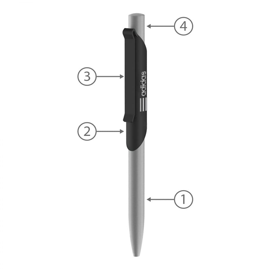 A metal ballpoint pen in silver with a black grip and clip, featuring a logo on the grip section.
