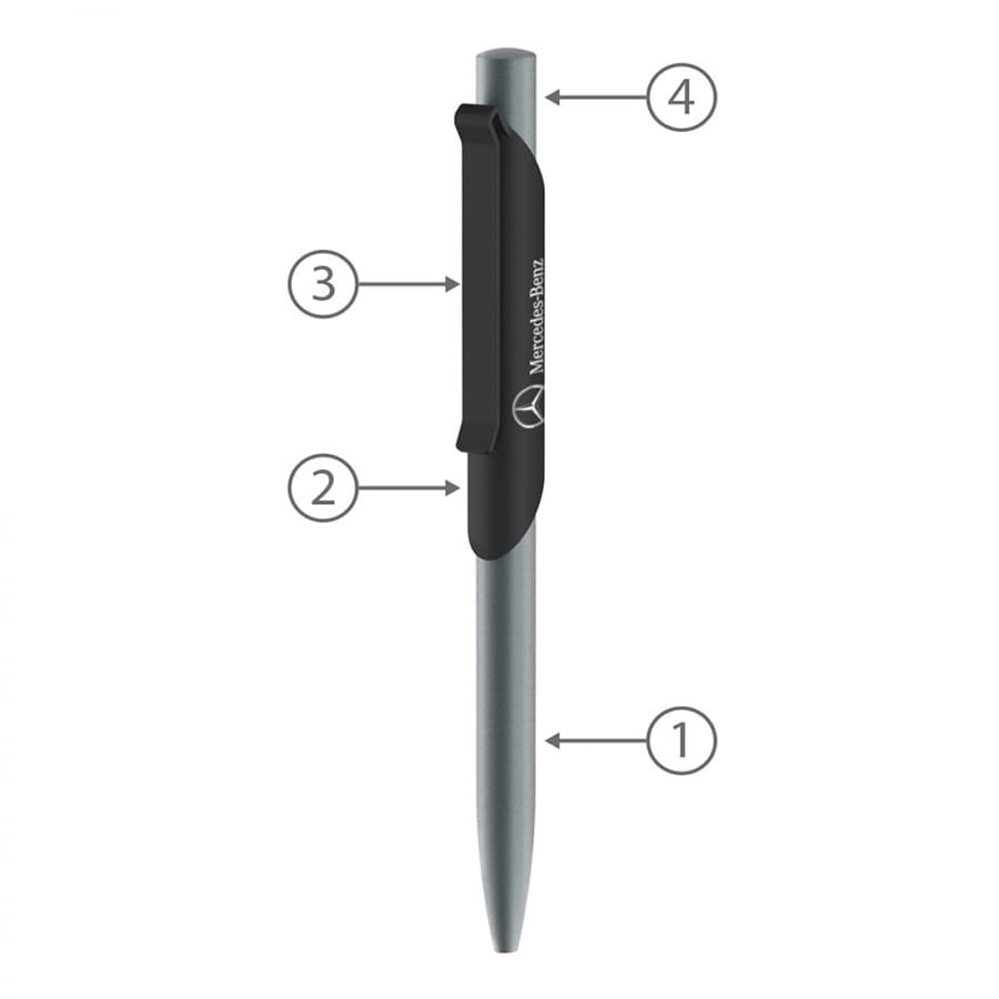 A metal ballpoint pen in silver with a black grip and clip, featuring a logo.