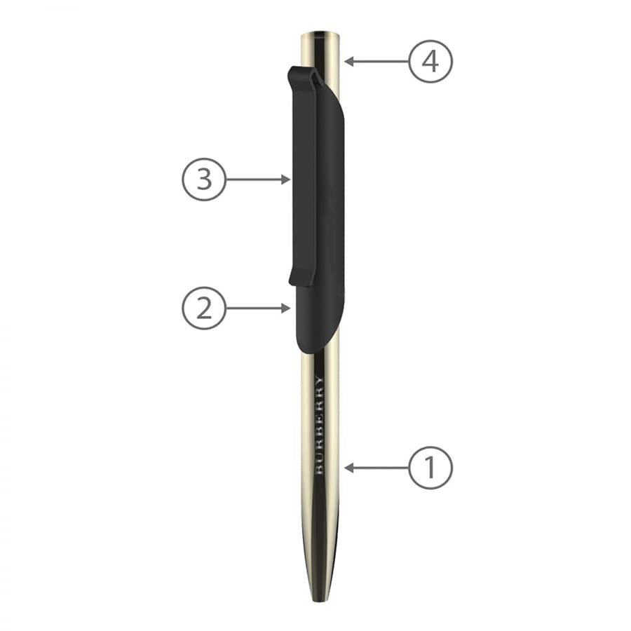 A metal pen with a sleek gold finish and a black grip, featuring a clip and a logo.