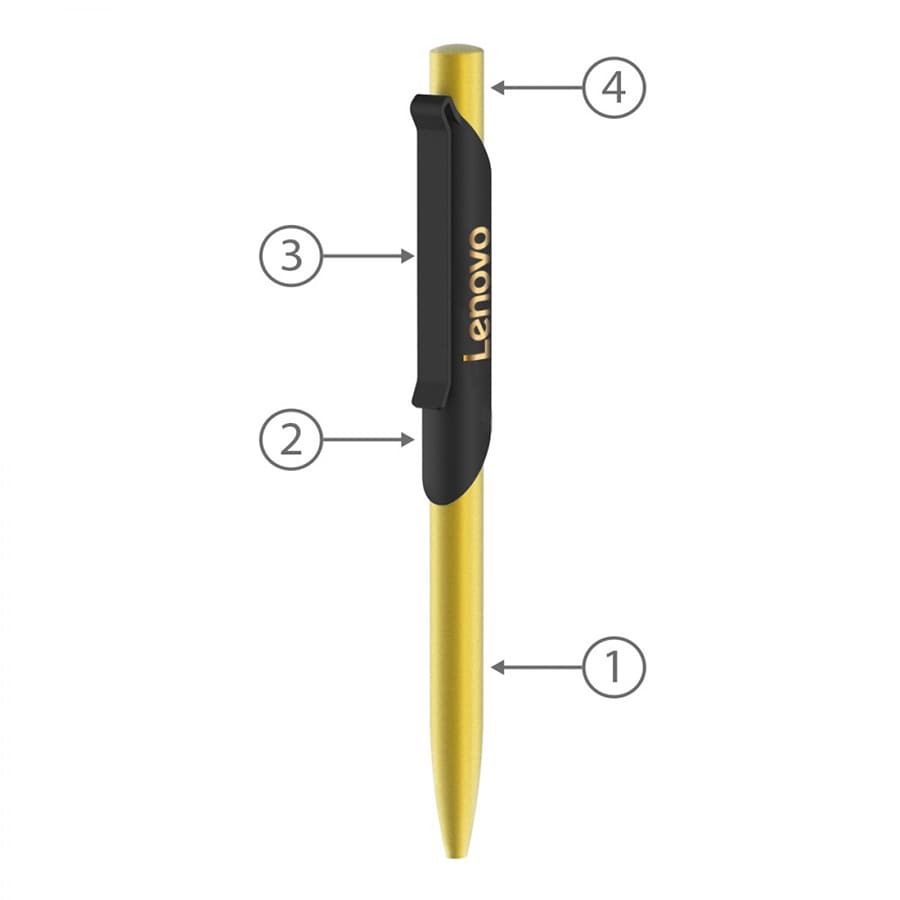 A metal ballpoint pen in gold with a black clip and branding. Features numbered sections for product details.