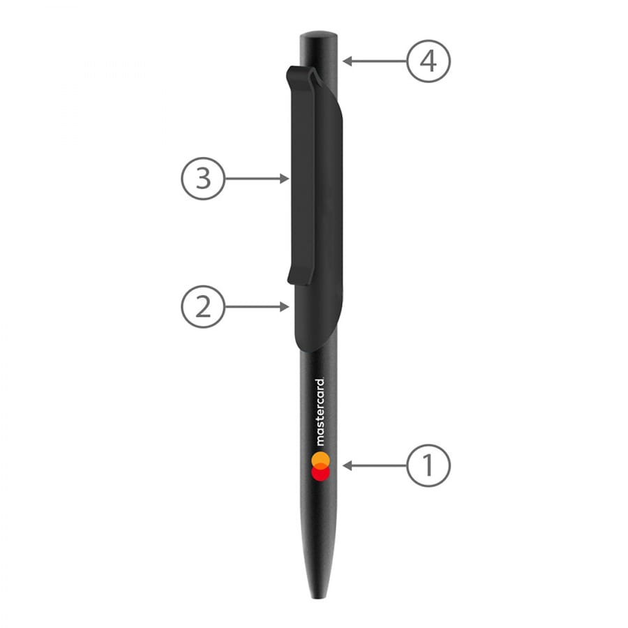 A black metal ballpoint pen with a clip and a logo, featuring numbered segments on the side.