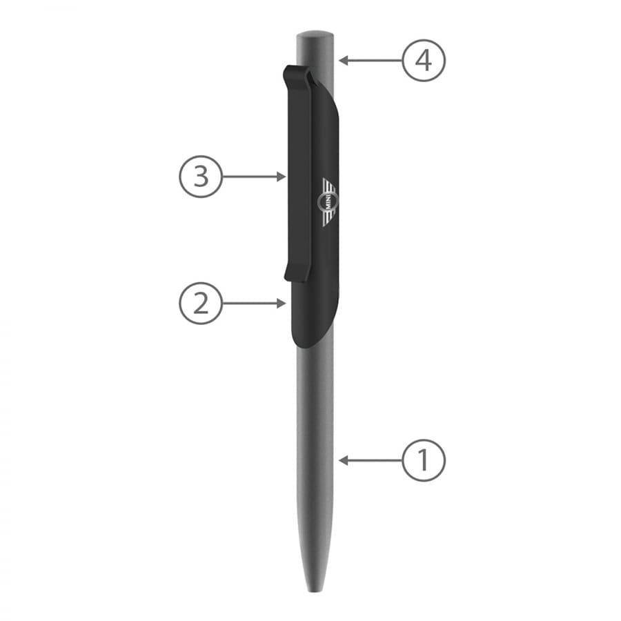 A metal ballpoint pen in grey with a black grip and clip, featuring a logo.