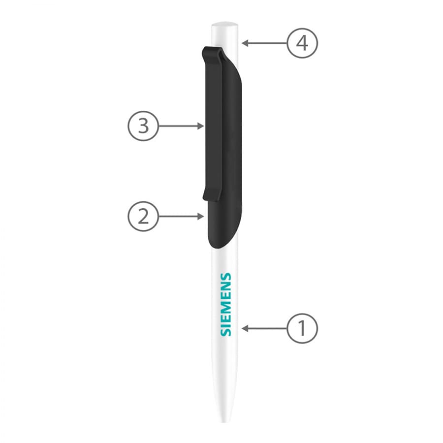 A white metal ball pen with a black grip and clip, featuring a logo on its surface.