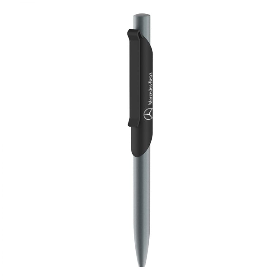 A metal ballpoint pen in silver with a black clip, featuring a logo on the barrel.