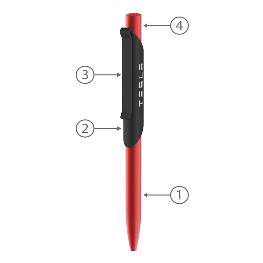 A red metal ballpoint pen with a black clip and branding, designed for writing.