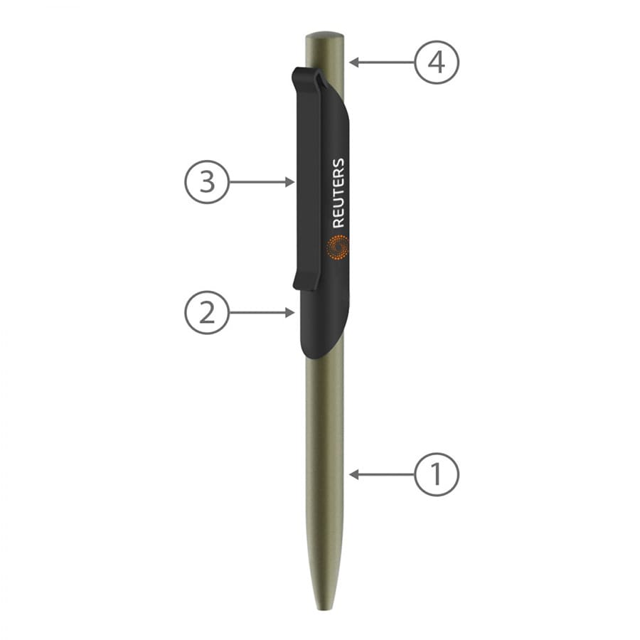 A metal ballpoint pen in olive green with a black clip and branding.