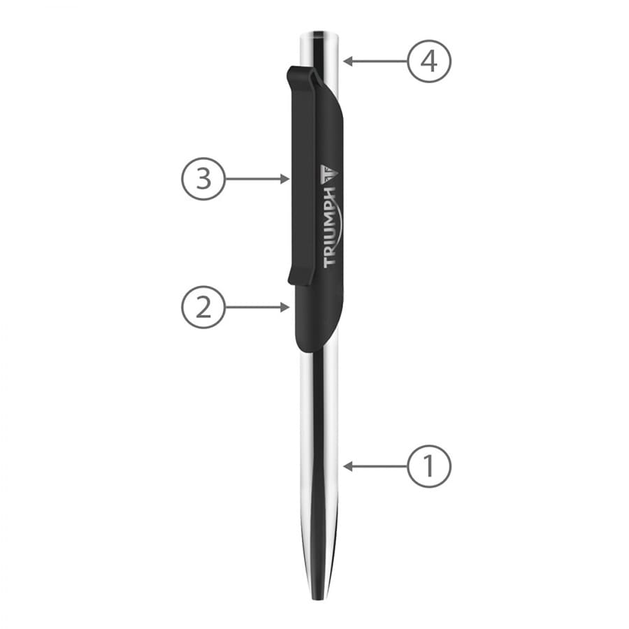 A metal ballpoint pen with a shiny silver barrel and a black grip, featuring a logo and numbered parts.