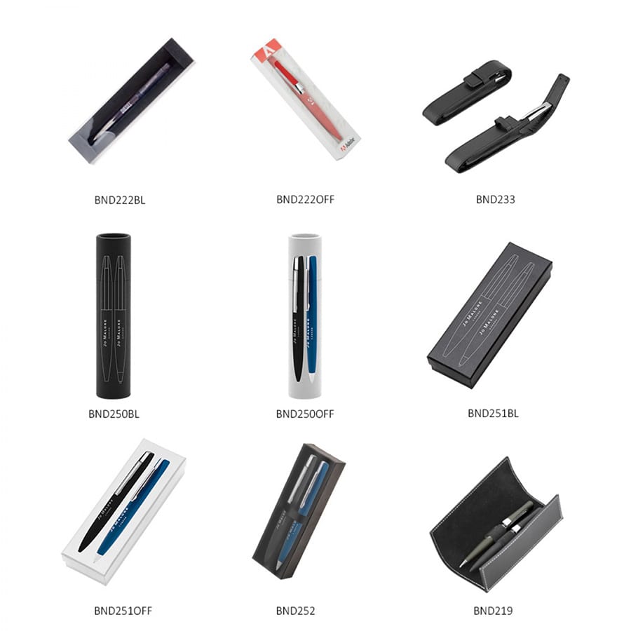 A collection of metal ball pens in various colours, displayed in sleek packaging with branding.