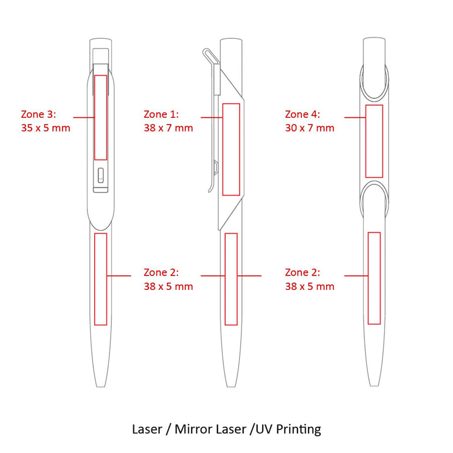 A diagram of four metal ball pens in various designs, featuring highlighted areas for custom printing.