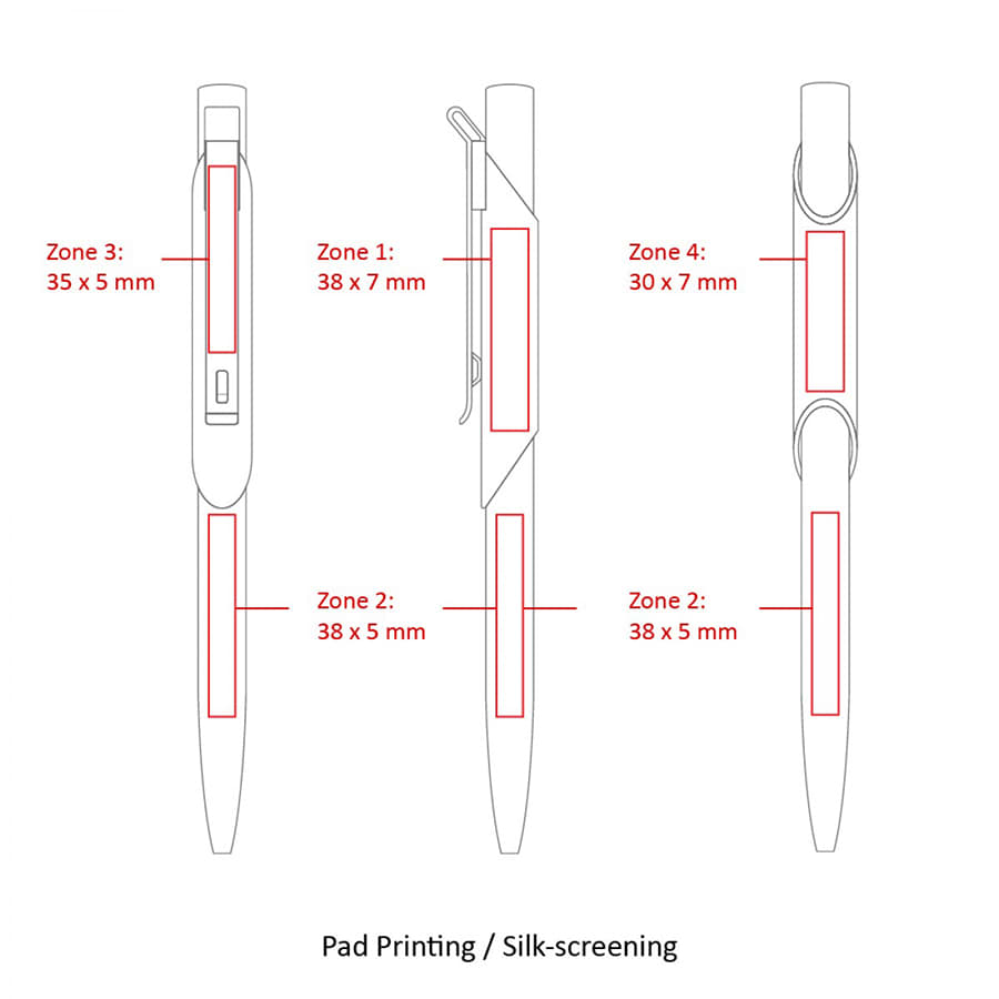Metal ballpoint pens in three styles, featuring areas for pad printing or silk-screening. All with a sleek design.