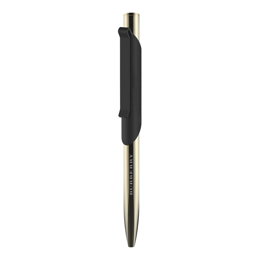 A metal ballpoint pen in gold with a black grip and clip. It features branding on the barrel.