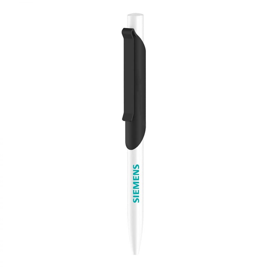 A metal ballpoint pen in white with a black grip and clip, featuring a logo on the body.
