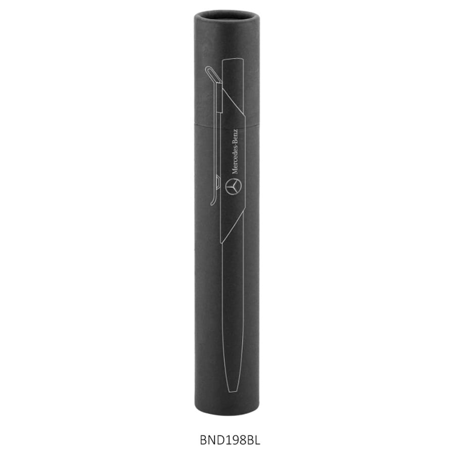 A sleek black metal pen packaged in a cylindrical tube, featuring a simple design and a logo.