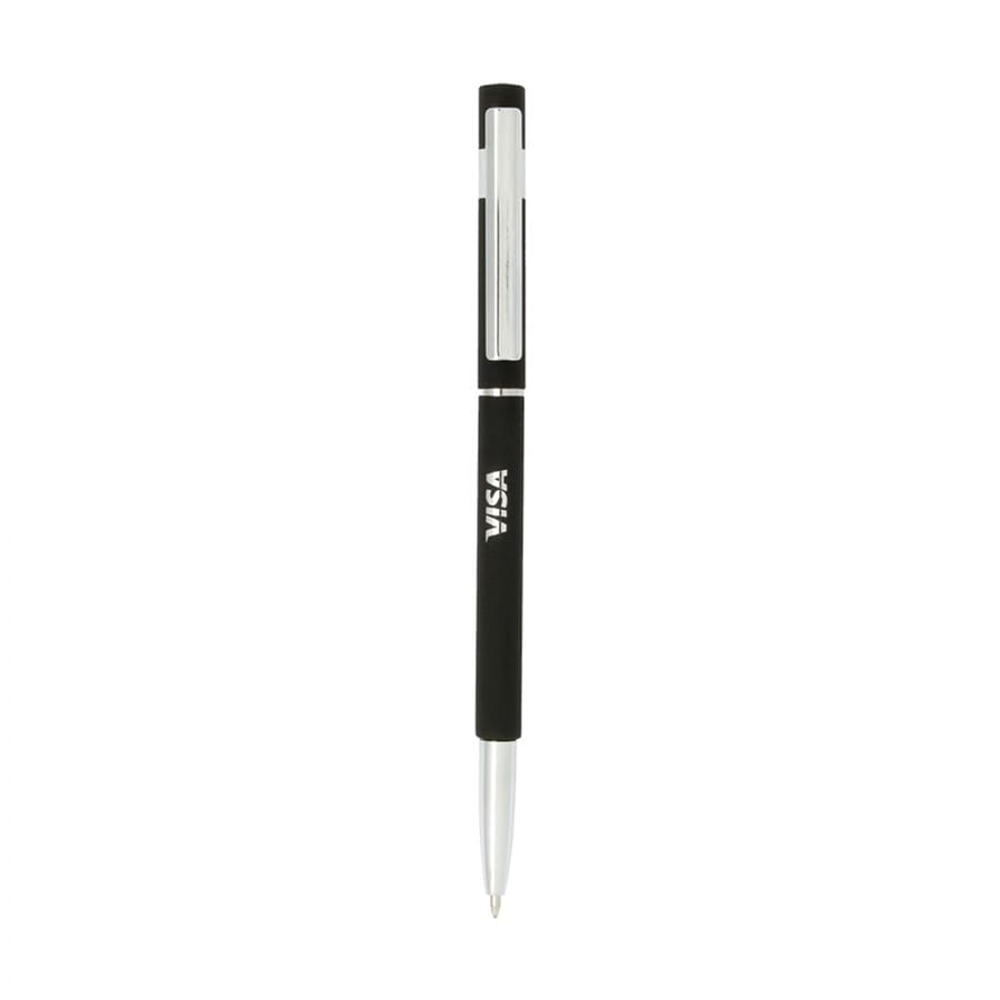 A black metal pen with a silver clip and branding on the barrel.