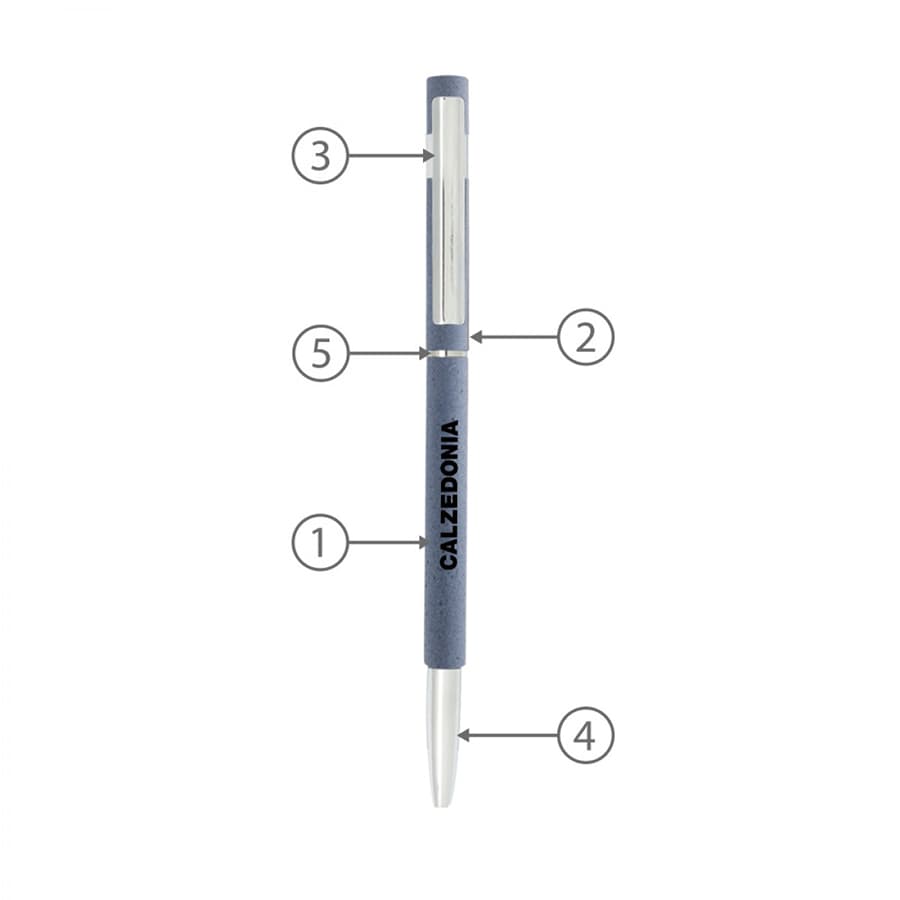 A metal pen in grey with a sleek design and a visible logo. It features a smooth writing tip and removable cap.