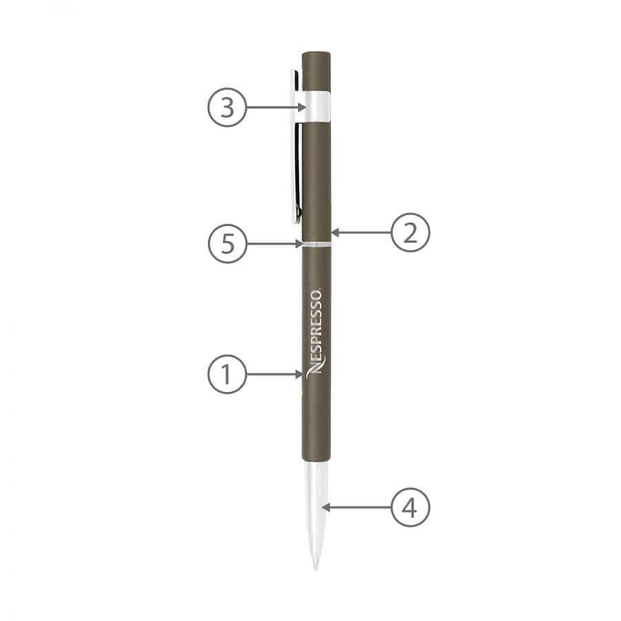 A slim metal pen in a muted green colour featuring a logo and a silver clip.