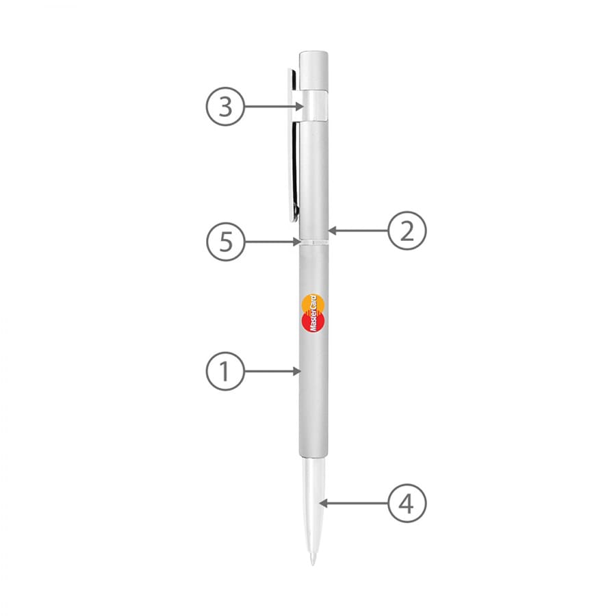 A silver metal pen with a sleek design, featuring a clip and a colourful logo.