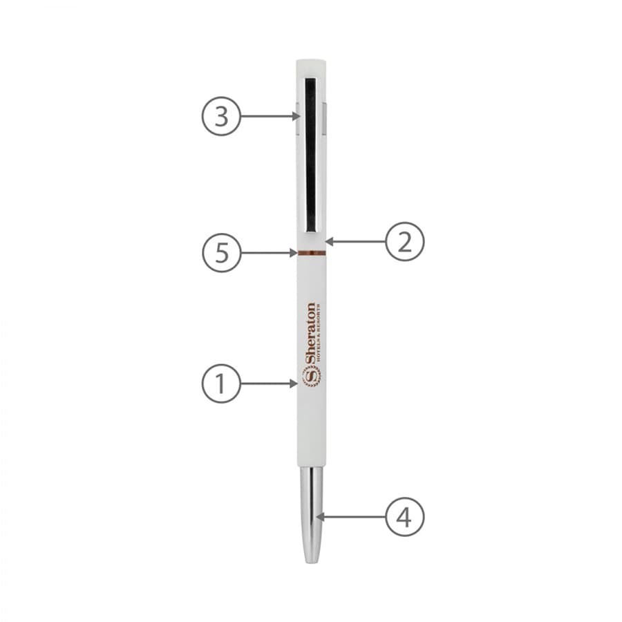 A slim white metal pen featuring a silver clip and tip, with a logo on the barrel.