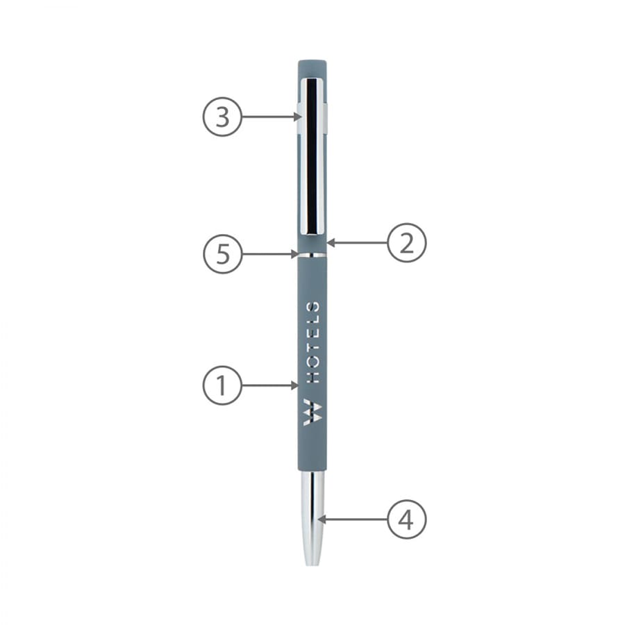 A grey Slim Hex Pen with metallic accents, featuring a clip and a logo, designed for custom orders.