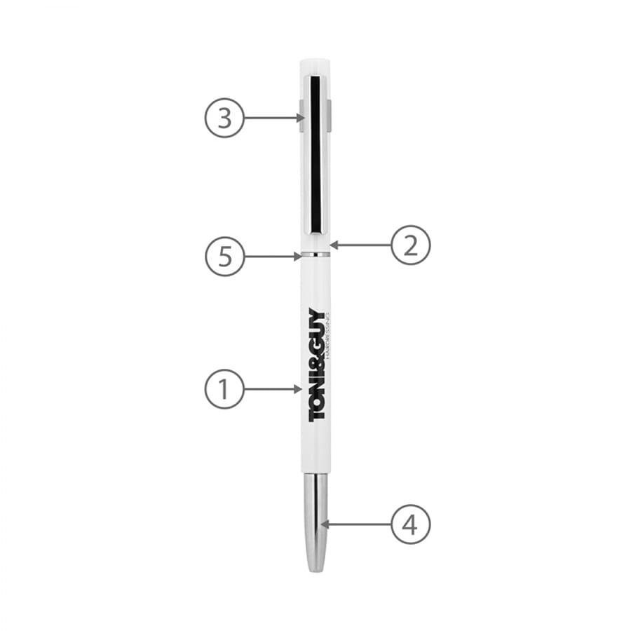 A slim white metal pen with chrome accents, featuring a logo and numbered design elements.