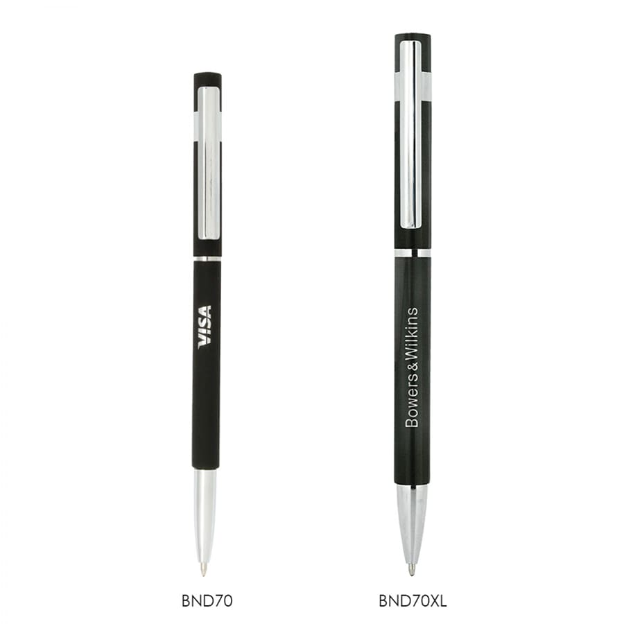 Two slim metal pens in black, featuring chrome accents and branding on the barrel.