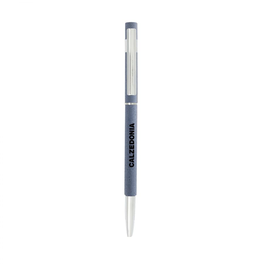 A slim metal pen in grey featuring a clip and a logo. Suitable for custom orders.