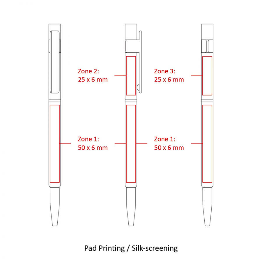Slim Hex Pens in a sleek design, featuring zones for custom pad printing. Available in multiple colours.