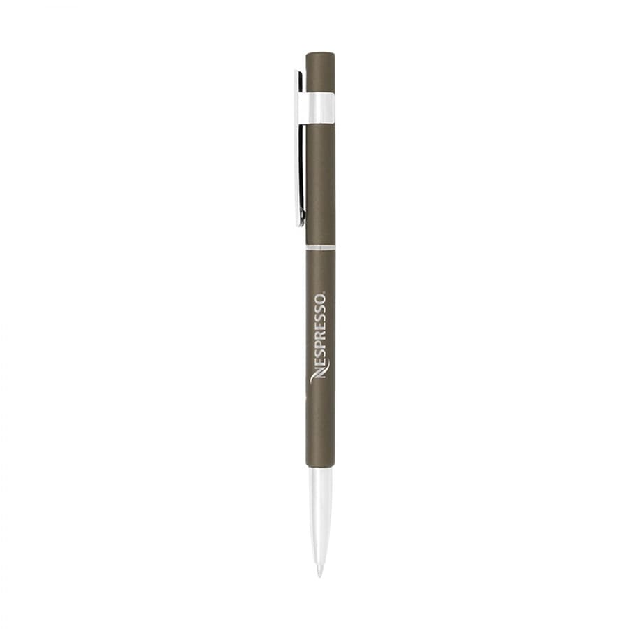 A slim metal pen in olive green with a silver clip and branding.
