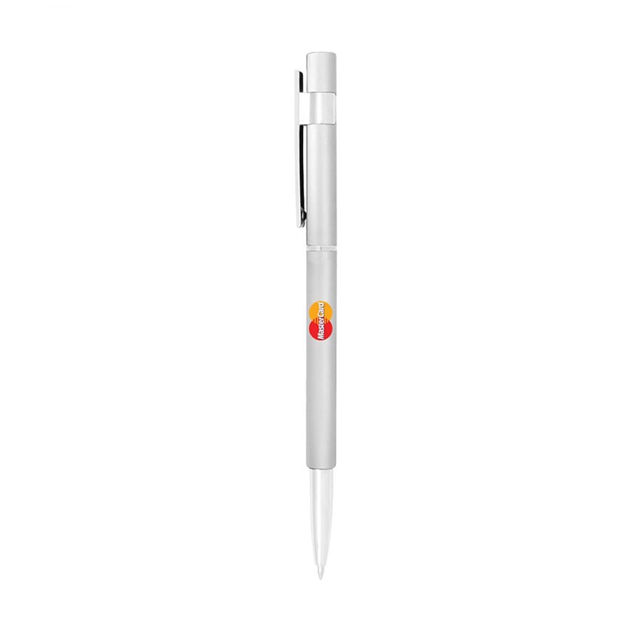 A silver metal pen with a clip and a logo, featuring a white ballpoint tip.