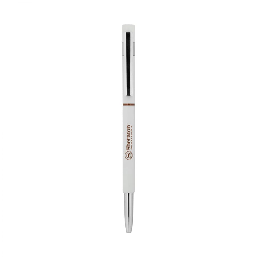 A white metal pen with a silver tip and a branding logo on the barrel.