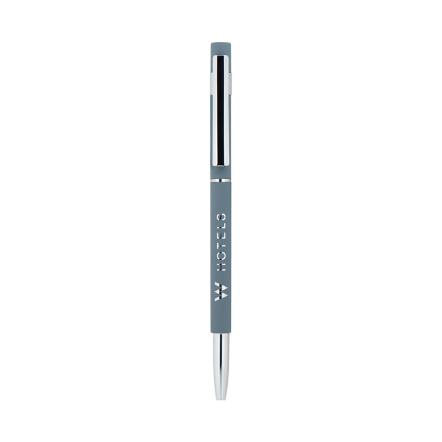 A slim grey metal pen with a silver clip and branding.