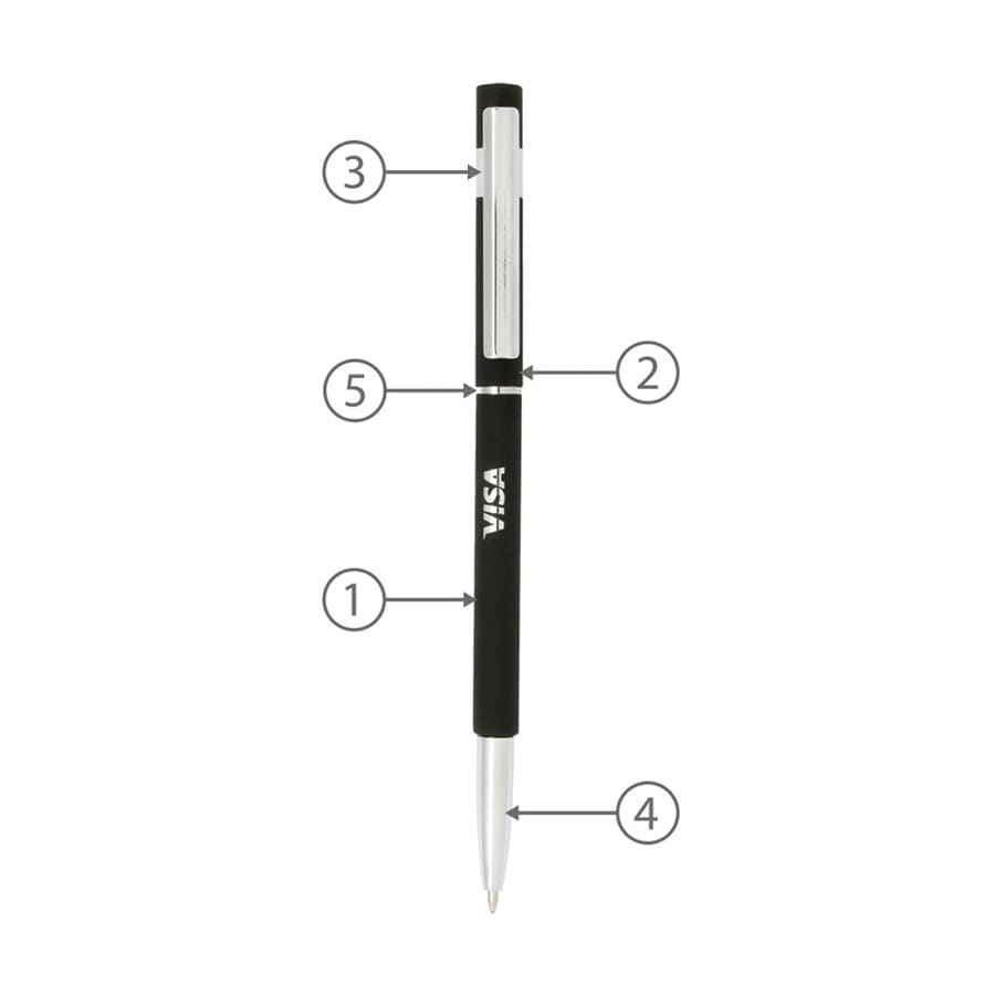 A metal slim pen in black with a silver clip, featuring a logo and numbered detailing.