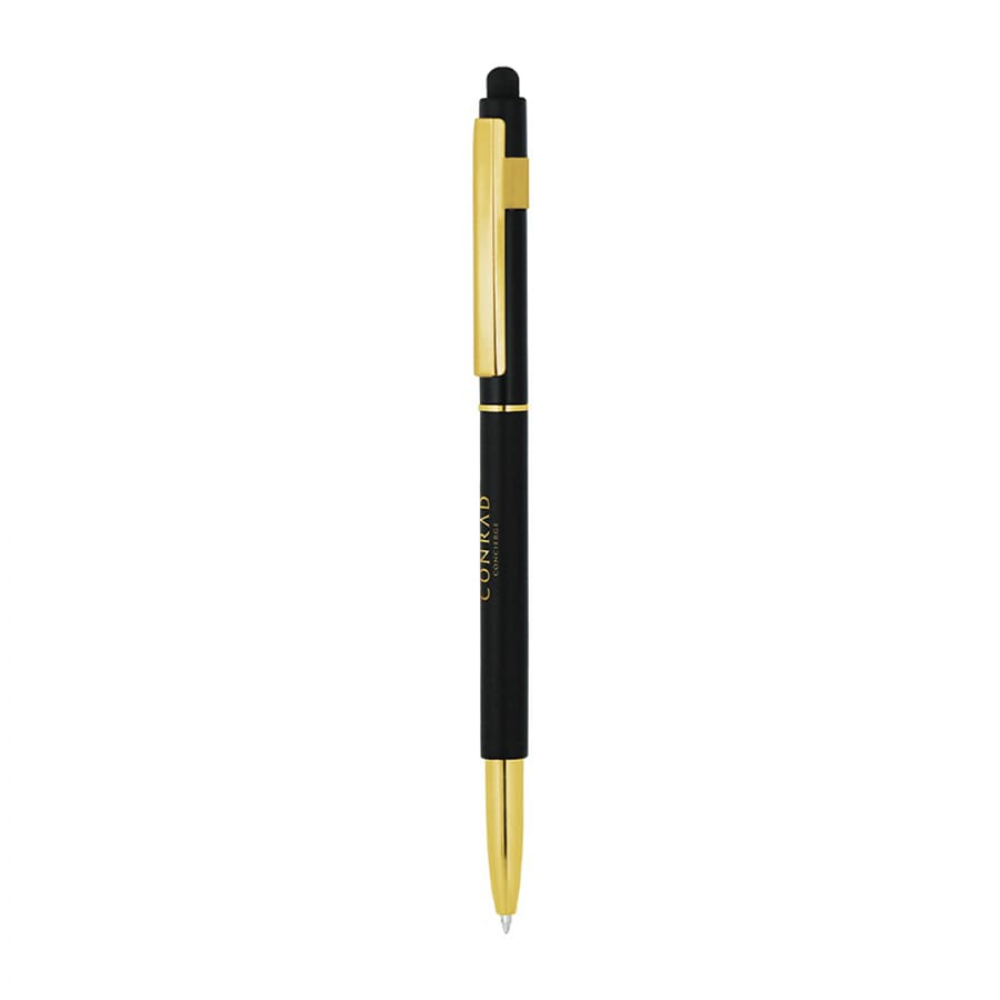 A black stylus pen with gold accents, featuring a sleek design and a branding logo.