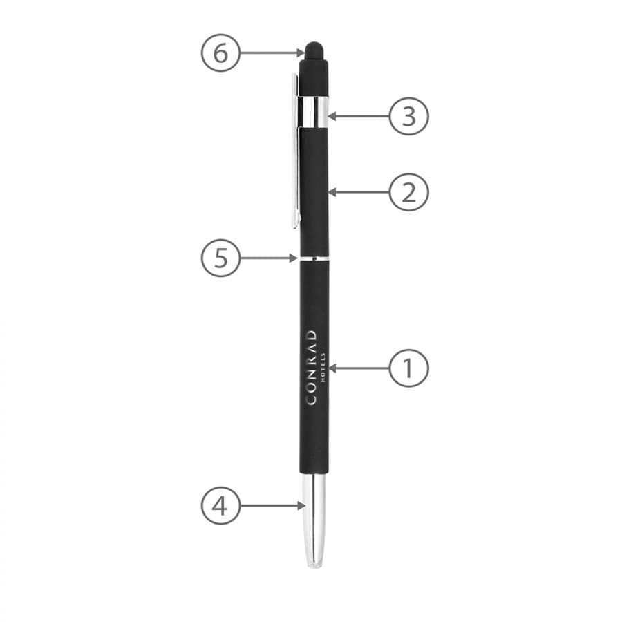 A black stylus pen with a shiny silver clip and tip, featuring a branding logo.