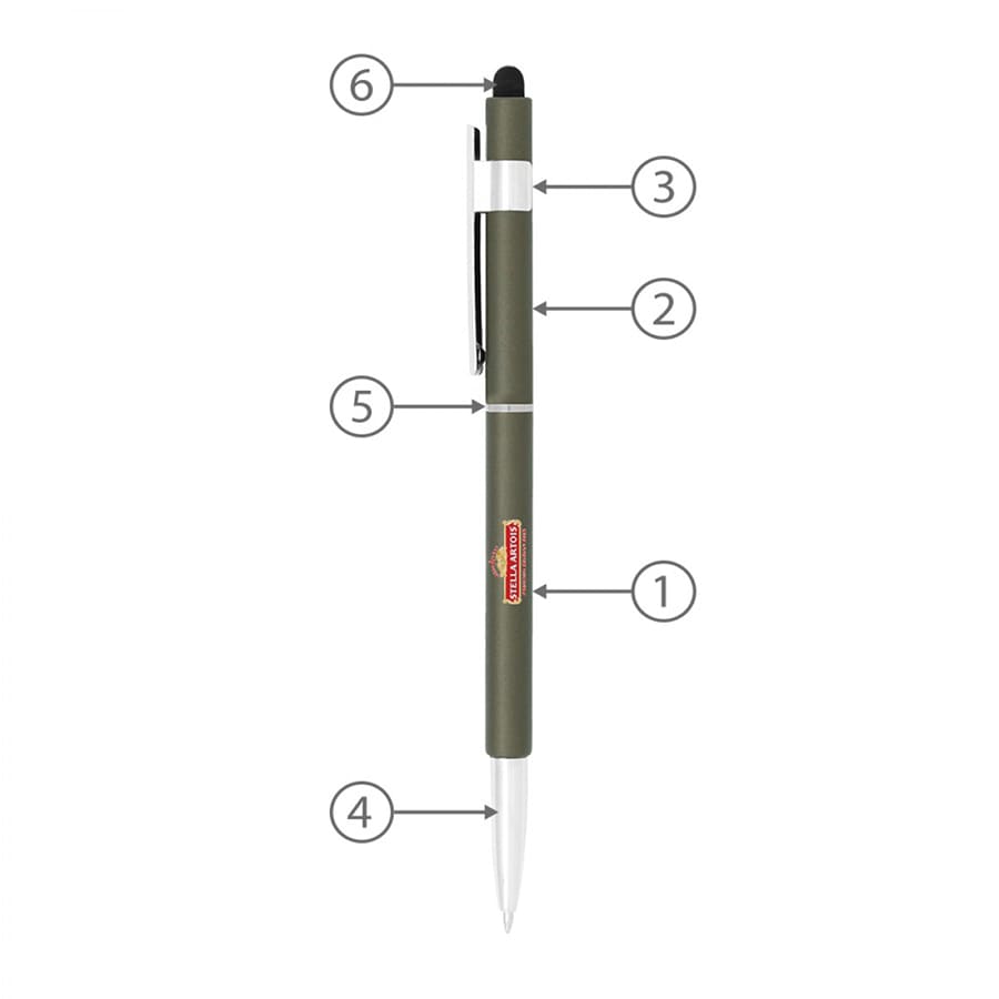 A green stylus hex pen with a black stylus tip and a white barrel, featuring a clip and a logo.