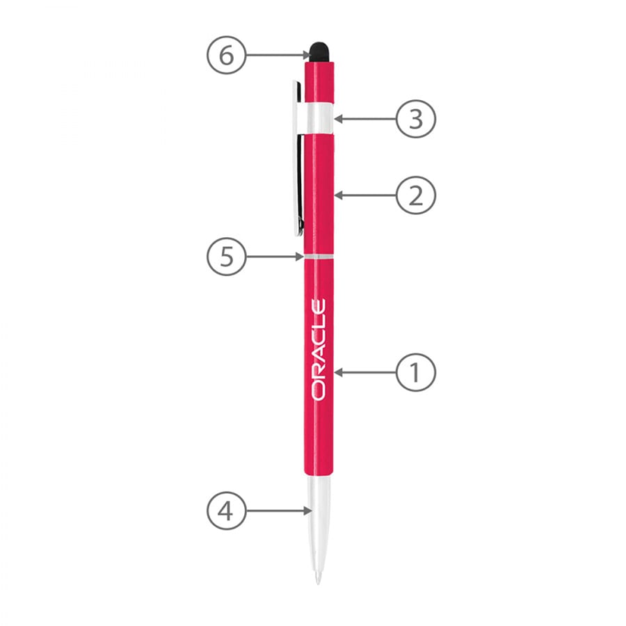 A red stylus hex pen with a black stylus tip, silver accents, and a logo. Features a retractable pen mechanism.