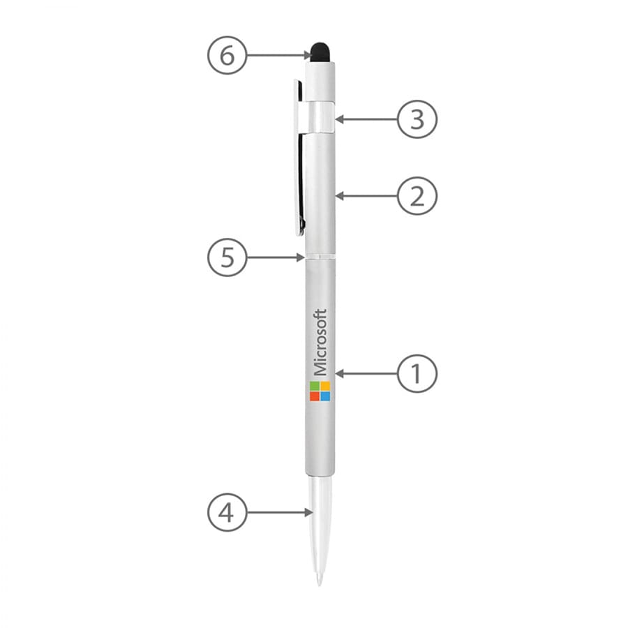 A silver stylus pen with a black top, featuring a logo, designed for writing and touch screen use.