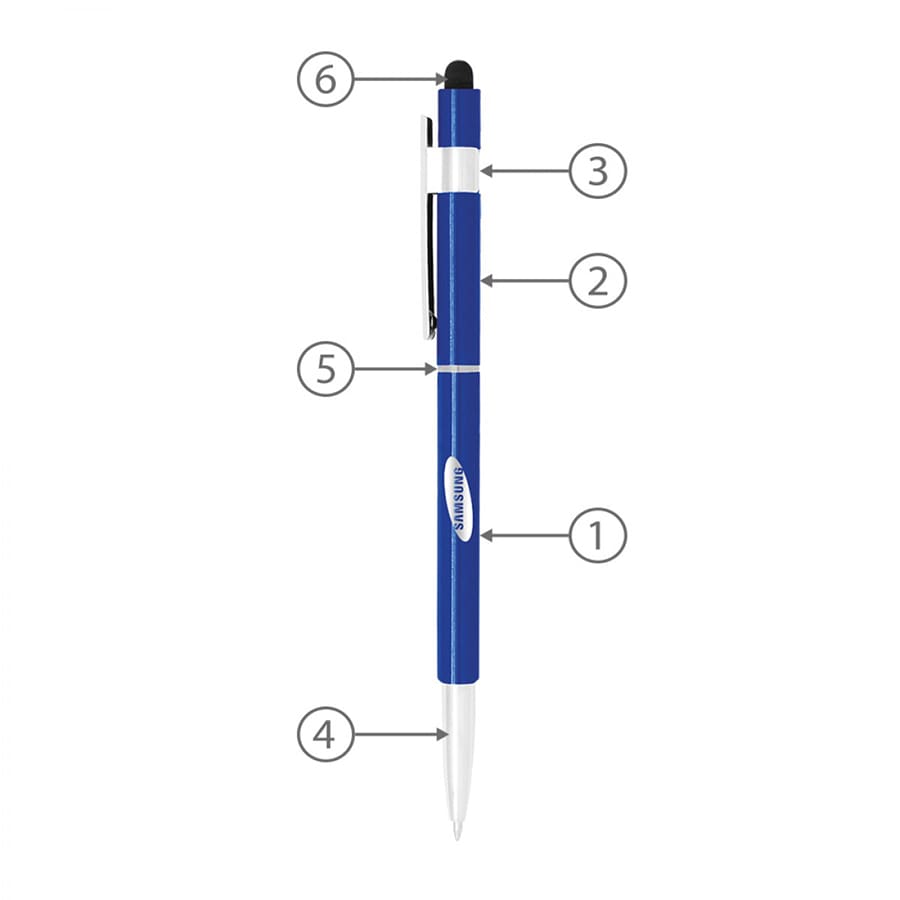 A blue stylus pen with a white grip and a clip, featuring a logo and six numbered points.