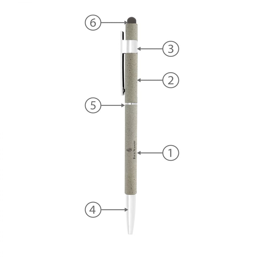 A grey stylus hex pen featuring a silver clip, black stylus tip, and a white barrel. It has a logo.